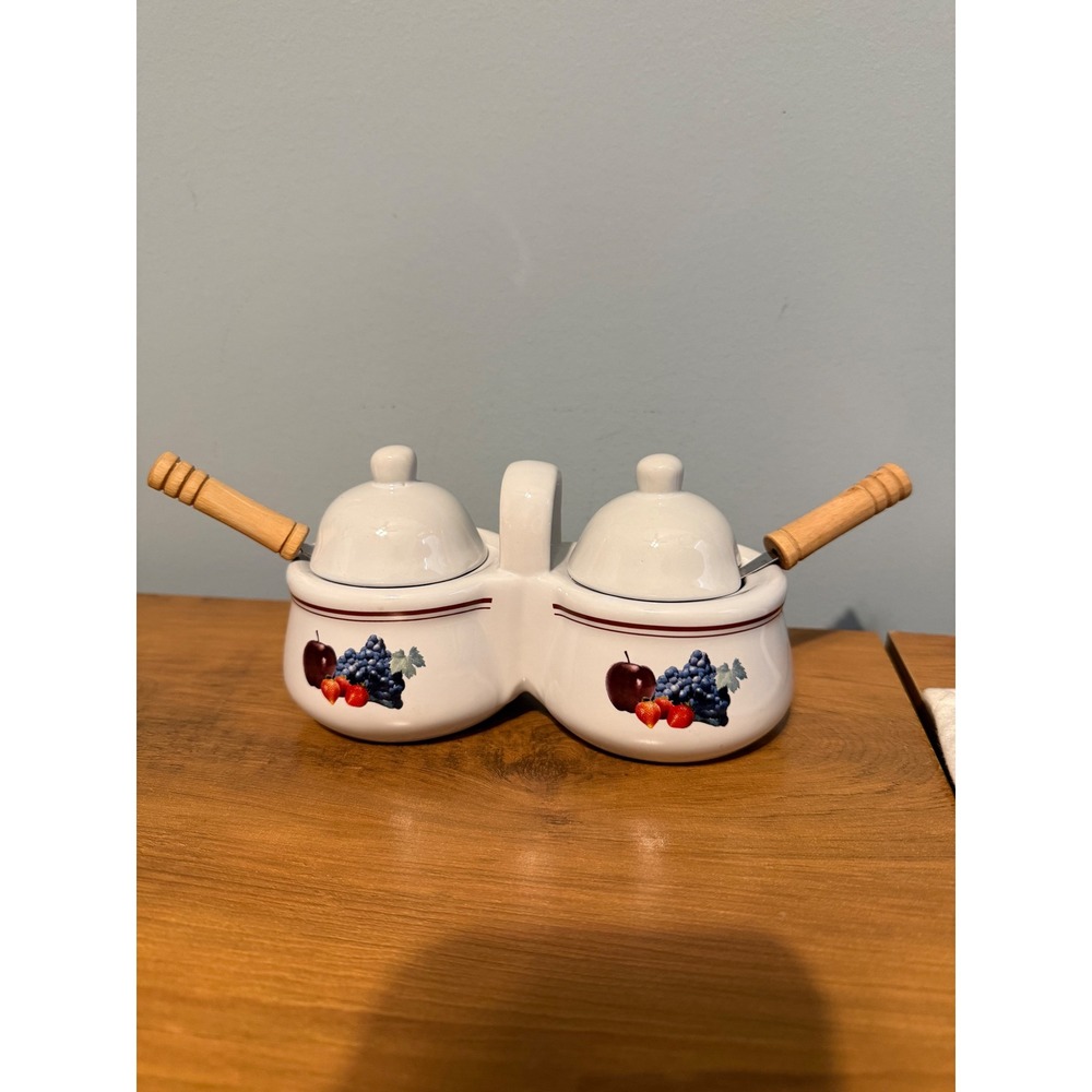 Houston Harvest Ceramic Double Condiment Server Fruit Motif with Spoons 1812FY06